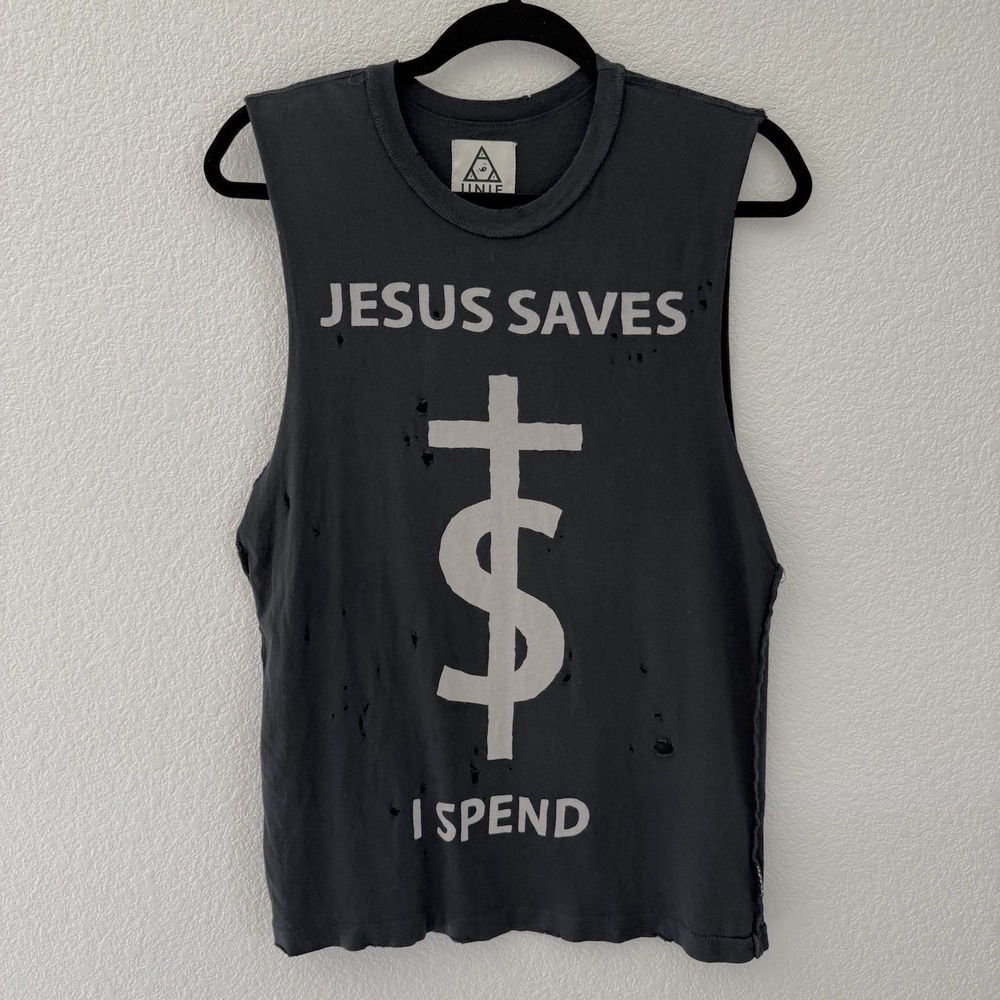 UNIF Jesus Saves I Spend Tank Top XS Black Cut Off Distressed Grunge Punk Skater
